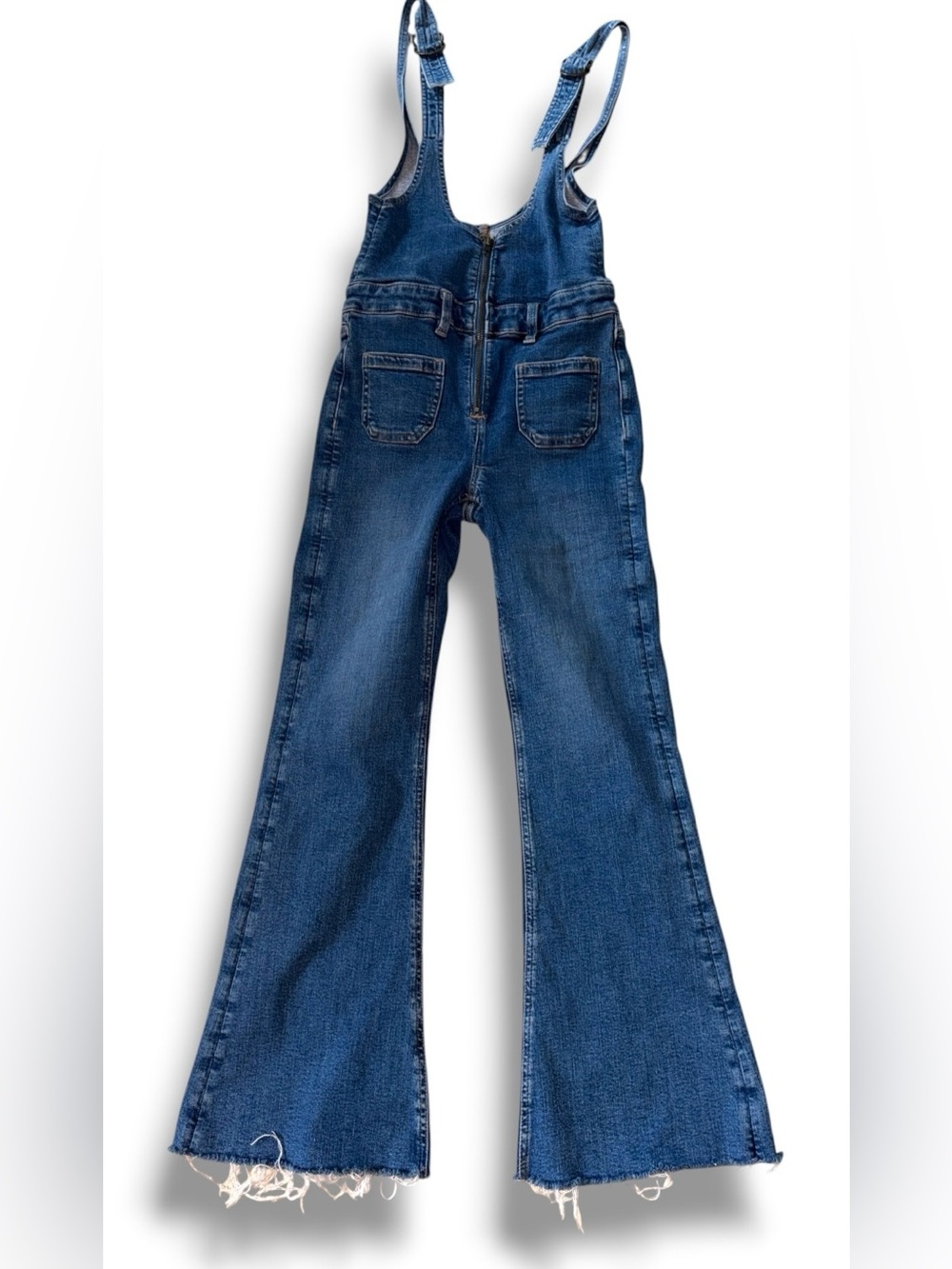 American Eagle Flare Denim Overalls Womens 0 Blue Stretch Zip Front Raw Hem